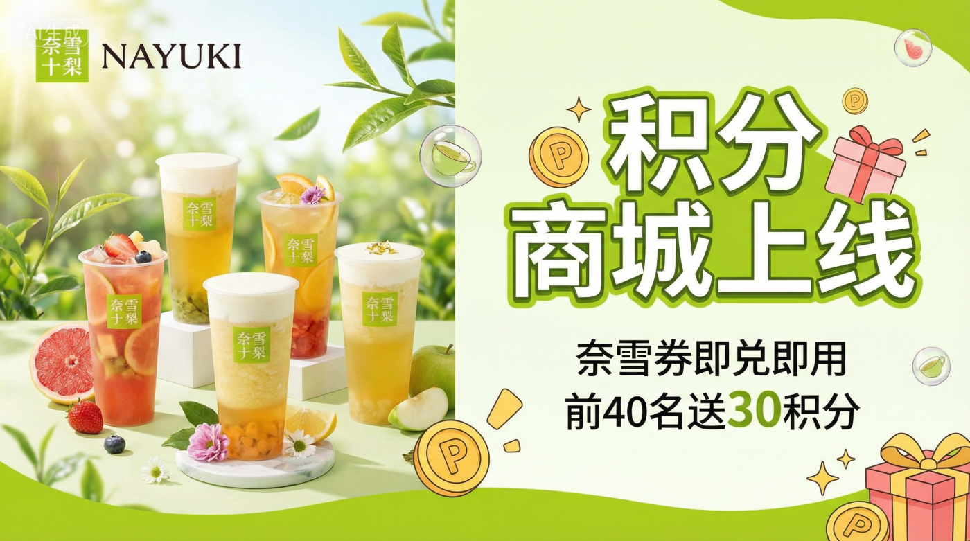 🎉 积分商城重磅上线！奈雪现金券积分兑，前40名还送30积分！-成树文创